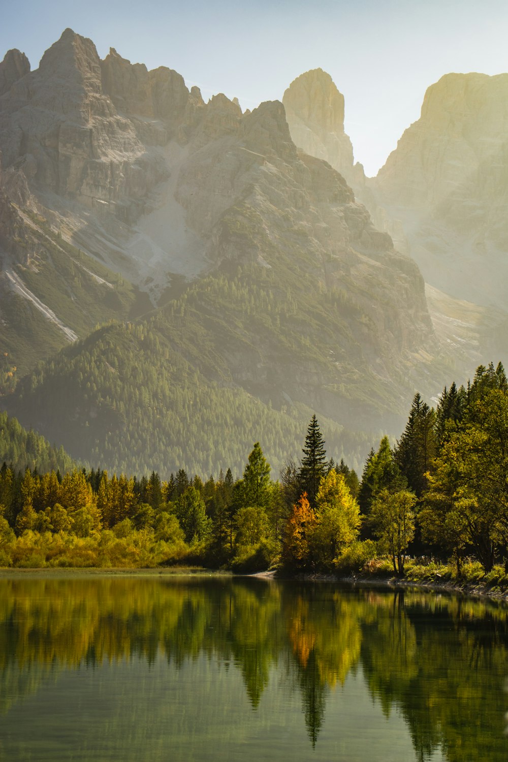 Un lago rodeado de montañas con árboles en primer plano