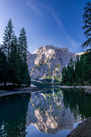 a mountain is reflected in the still water of a lake