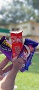 A hand holding three chocolate bars with colorful packaging. The chocolates are held against a blurred background of greenery and a building. The packages are mainly red, violet, and purple with distinct branding and illustrations of chocolate.