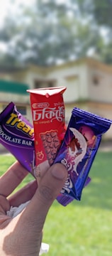 A hand holding three chocolate bars with colorful packaging. The chocolates are held against a blurred background of greenery and a building. The packages are mainly red, violet, and purple with distinct branding and illustrations of chocolate.
