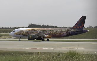 A commercial airplane with elaborate artwork on its body is taxing on a runway. The plane features colorful murals and text that reads 'we fly you to the home of Tomorrowland.' The background includes a partially cloudy sky, grassy fields, and trees in the distance.