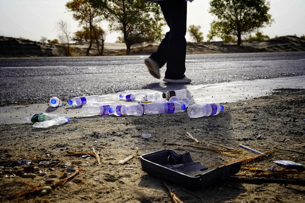 Plastic bottles are scattered across a roadside next to a person walking. The ground is sandy with some twigs and debris, while trees line the horizon. The scene appears desolate with an overcast sky.