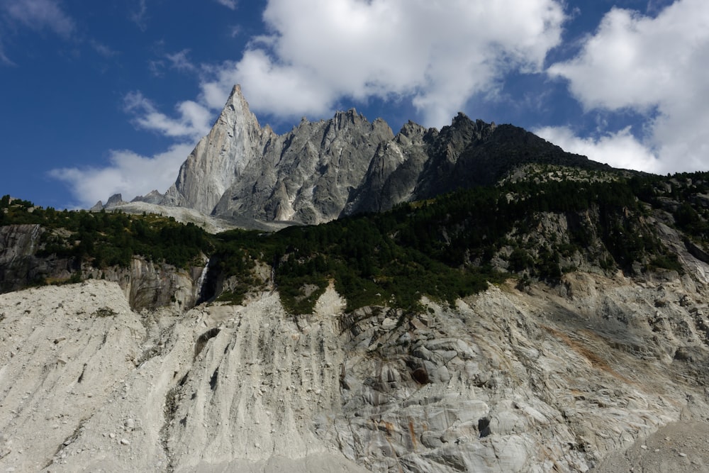 a very tall mountain with some clouds in the sky