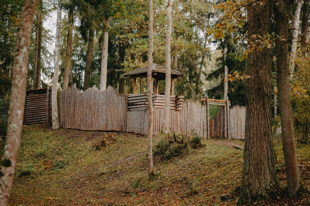 a wooden gazebo in the middle of a forest