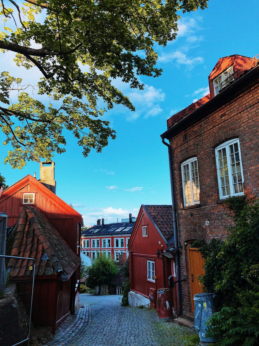 a cobblestone street in a small town