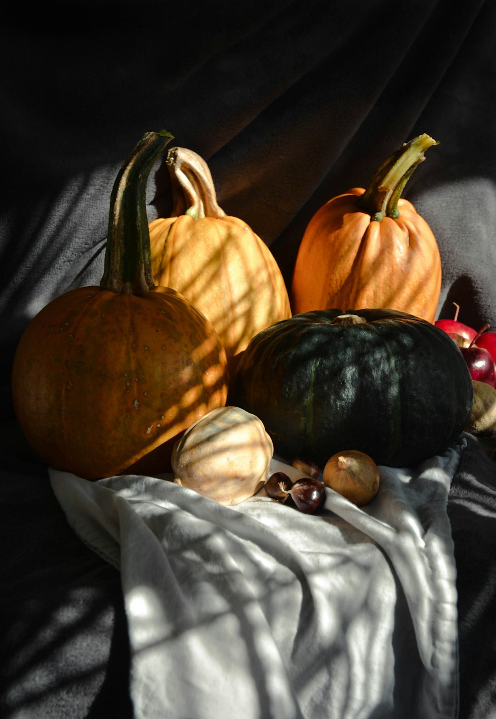 a group of pumpkins sitting on top of a white cloth