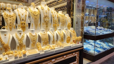 A stunning display of gold and diamond jewellery collections.