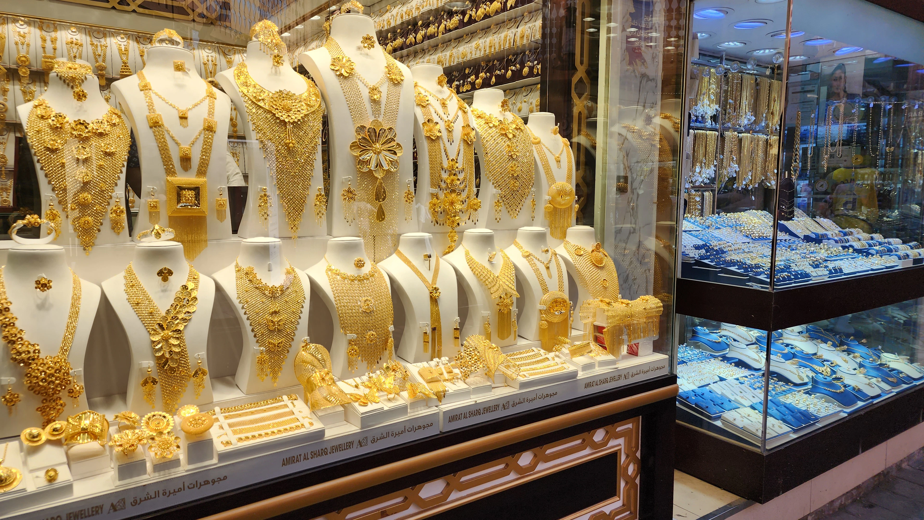 Gold jewellery displayed in a shop window in the souk