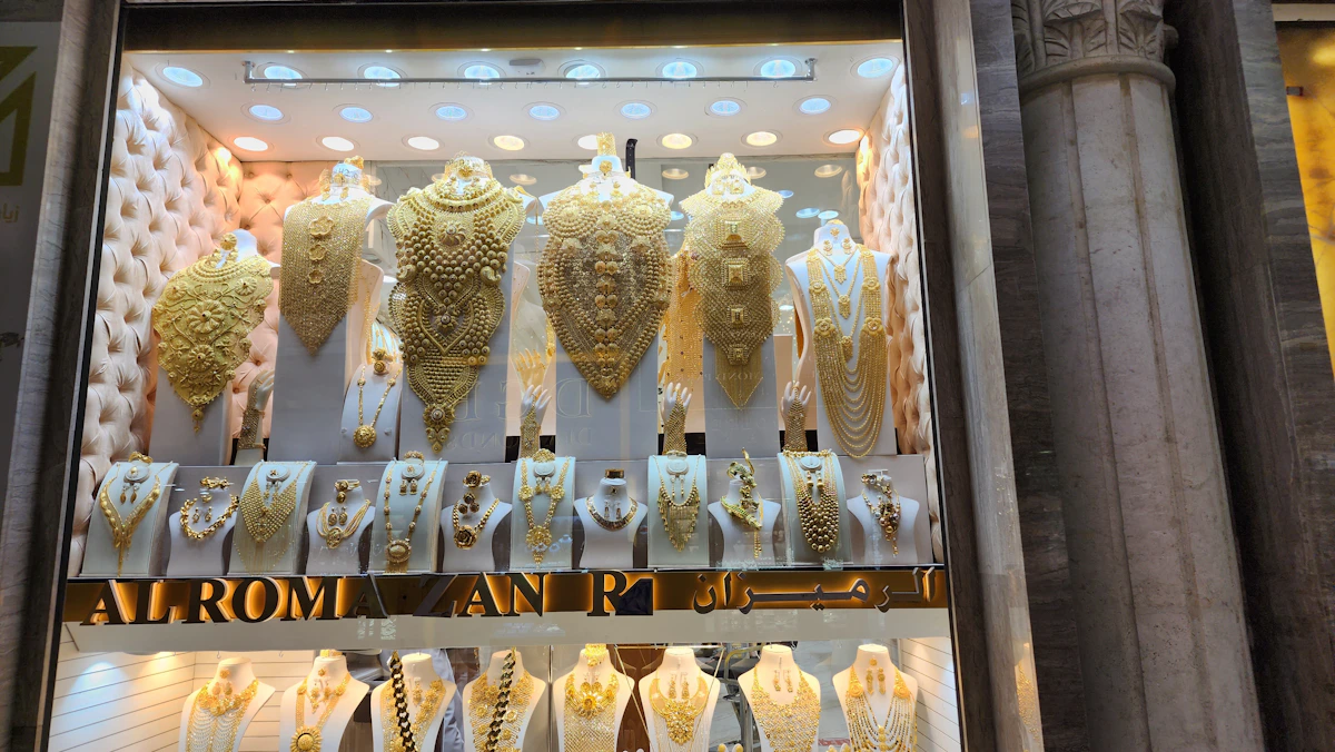 Gold jewellery display at Dubai Gold Souk