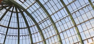 Steel roof structure with visible beams and a glass dome, highlighting craftsmanship and architectural detail.