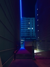 A futuristic cityscape with neon lights and dark alleys.