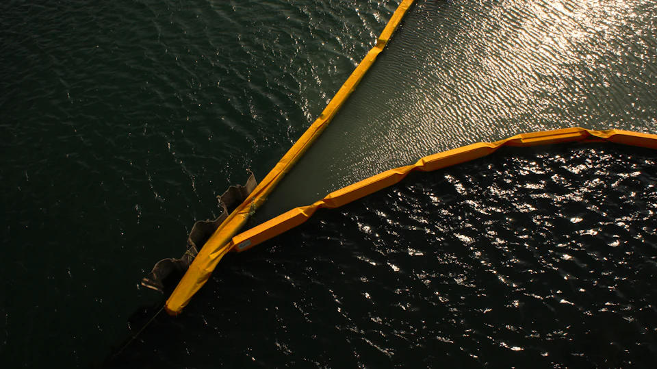 Yellow containment boom floating on dark water