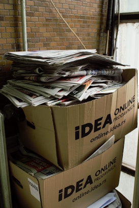 Two large cardboard boxes are stacked on top of each other, filled with a pile of newspapers and magazines. The boxes are labeled with 'IDEA ONLINE PRODAVNICA.' The setting appears industrial or storage-like, with brick walls and metal pipes visible in the background.