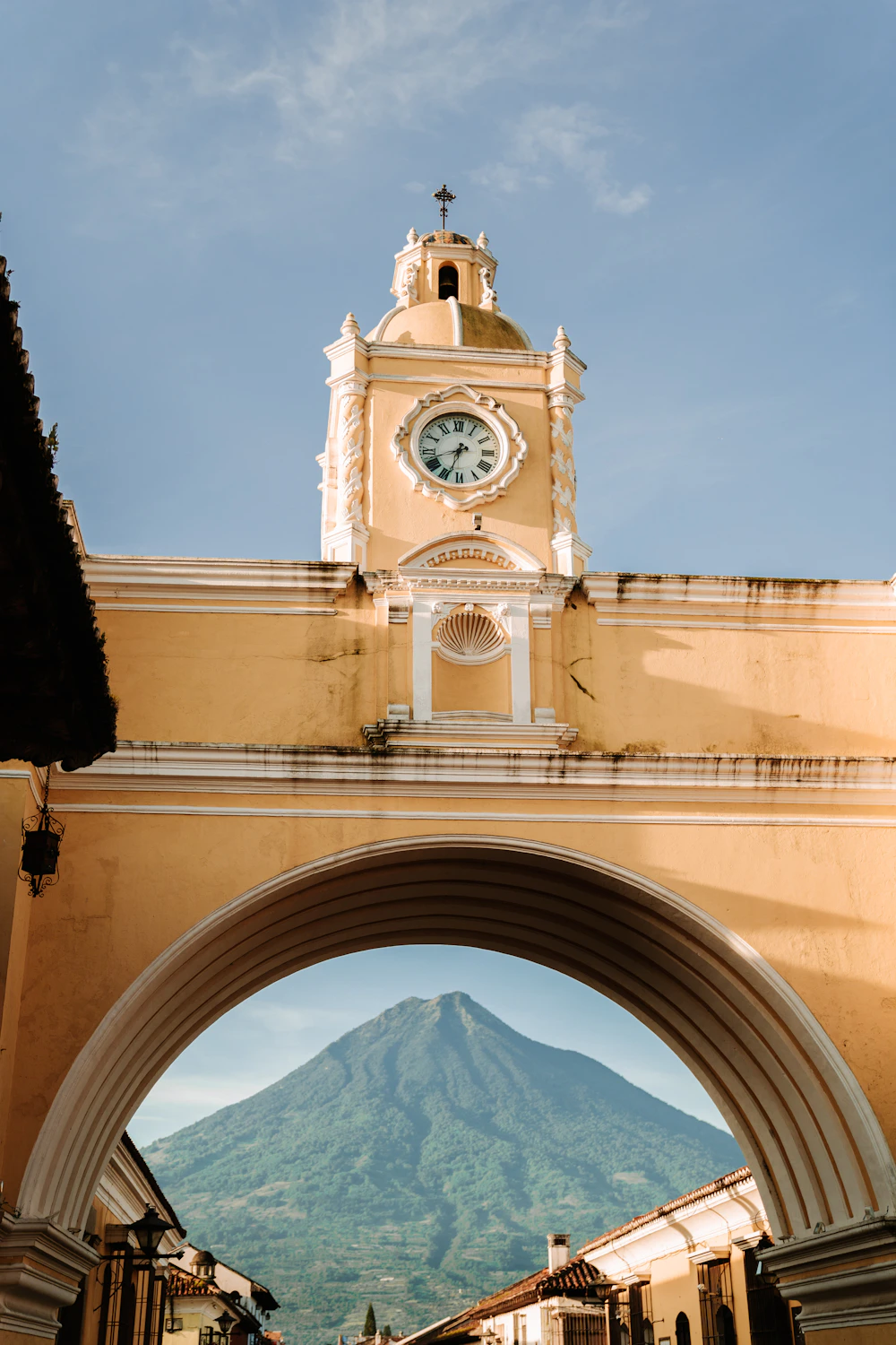 Santa Catalina Arch with a volcano in the background, Antigua Guatemala