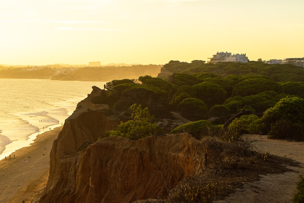 a view of the ocean and a beach at sunset