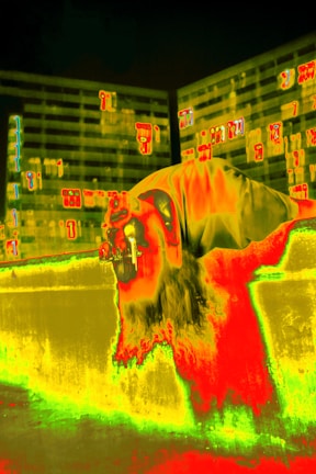 Auditor using thermal imaging camera on a multi-story building facade.