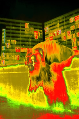A vibrant thermal image featuring a person leaning over a ledge, possibly using binoculars. The background shows abstract and geometric patterns in bright colors, resembling buildings with windows.