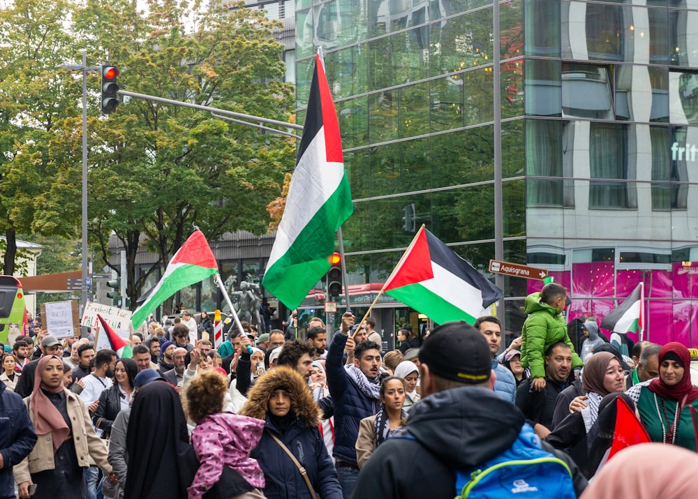 a large group of people holding flags in the street