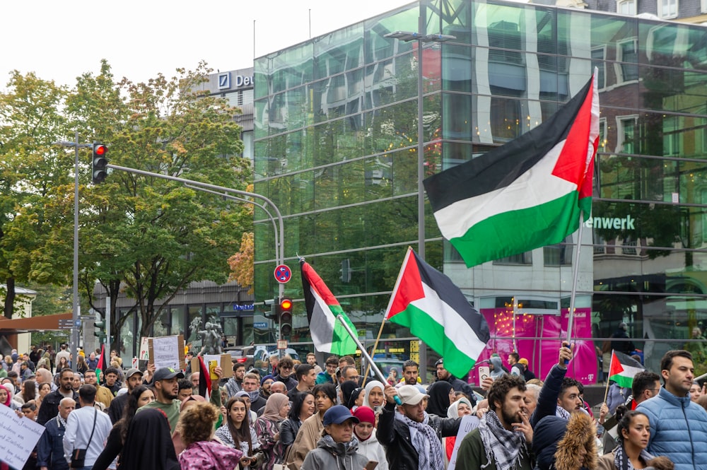 a large group of people holding flags and signs