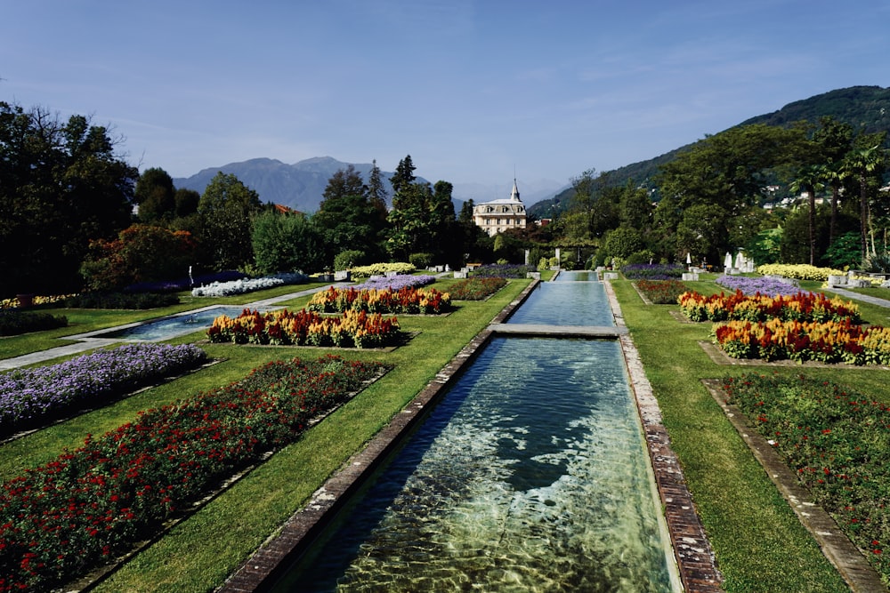 a garden filled with lots of flowers next to a river