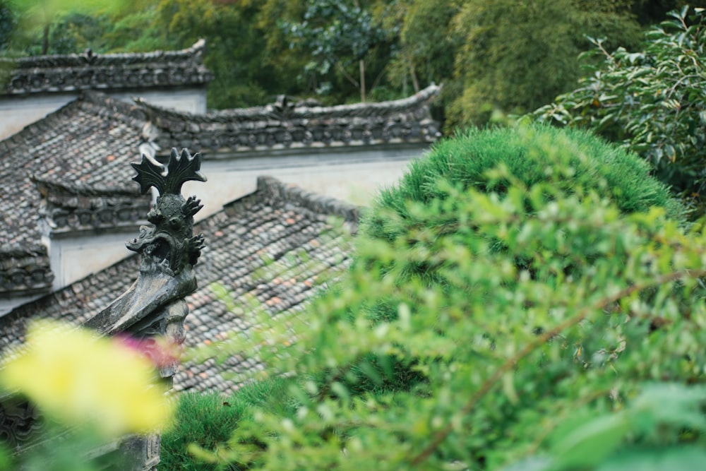 a close up of a roof with a tree in the background