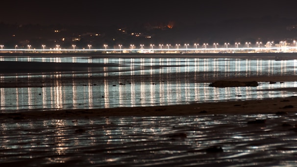 A nighttime coastal scene featuring a series of bright streetlights lining a distant shoreline. The lights reflect off the calm water, creating long streaks of illumination. The sky is dark, contrasting with the warm glow of the streetlights.