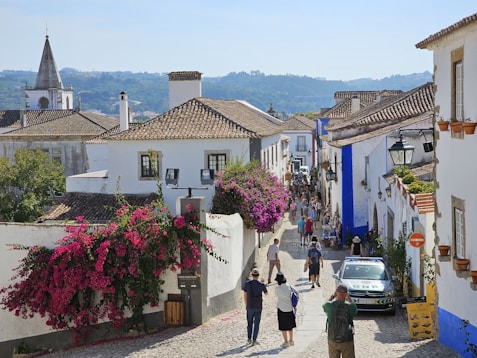 a group of people walking down a cobblestone street