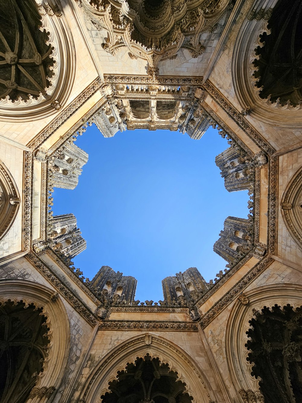 looking up at the ceiling of a cathedral