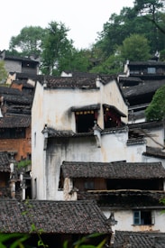 Traditional Chinese architecture featuring aged, textured white walls and dark, weathered, tiled roofs nestled among lush green trees. The buildings display intricate wooden details and signs of historical charm.