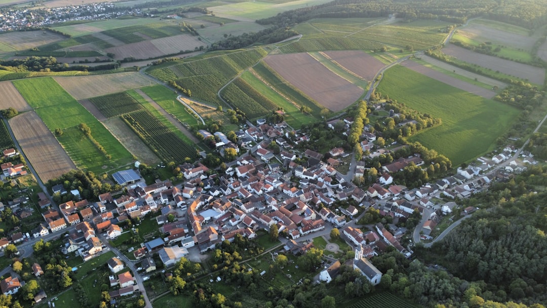 an aerial view of a small town surrounded by fields,