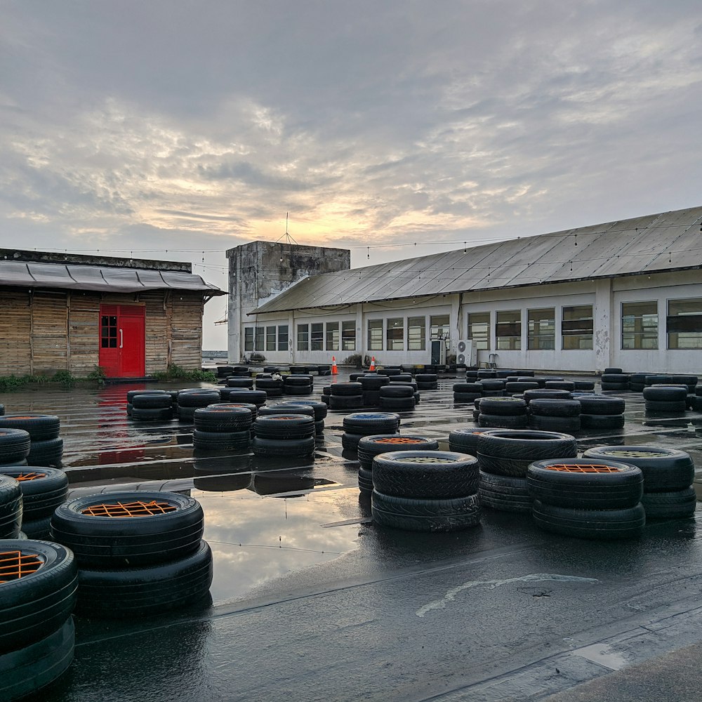 a lot of tires that are sitting in the rain