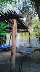 Outdoor garden space with hammocks and shaded seating.