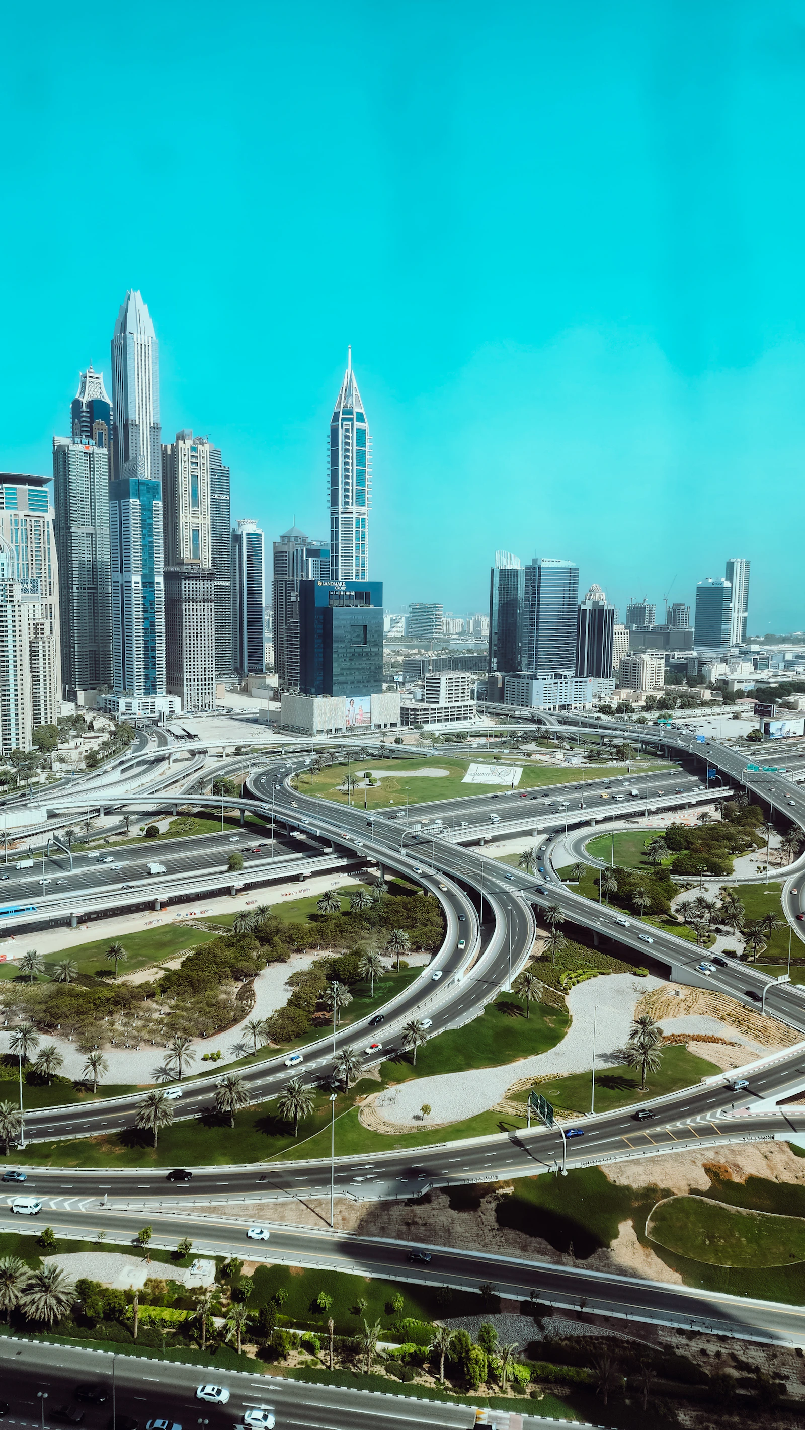 Aerial view of a complex highway interchange in Dubai