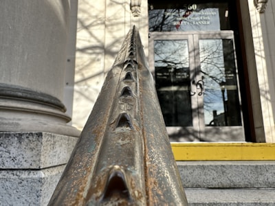 A close-up view of a metal handrail with a row of triangular protrusions. The rail leads up to a glass door entrance surrounded by a stone structure with large columns. The door has a reflective surface, showing the surrounding trees and a sign with text. The stone steps leading to the door are complemented by a yellow strip at the edge.