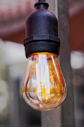 Retro Edison bulb lamp with warm filament light in a vintage setting.