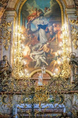 Dark elegant baroque style canvas artwork featuring San Victorio, the patron saint of football, with golden accents and deep forest green background.