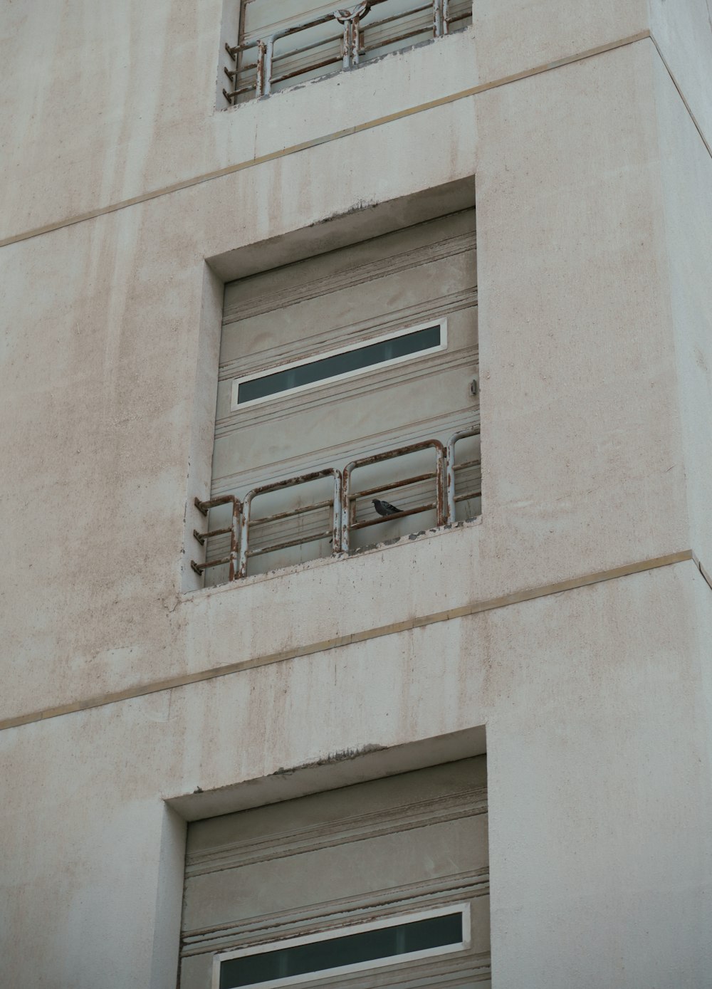 a tall building with two windows and a bird sitting in the window
