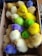 A group of small chicks is packed closely together in a cardboard box. The chicks are dyed in vibrant colors including yellow, green, and purple, while some retain their natural off-white hue.