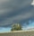 A metal roof with green corrugated sheets is in the foreground, with a tree visible behind it. The sky is covered with dark, heavy clouds, suggesting an overcast or stormy weather, while some blue patches are peeking through.