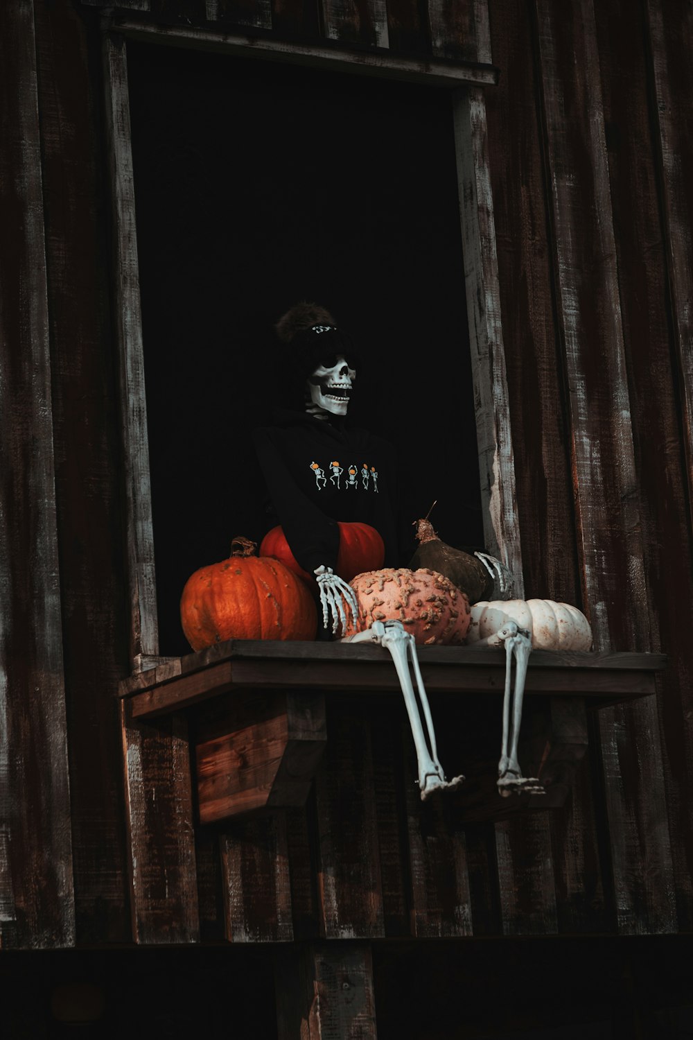 a skeleton sitting on top of a window sill
