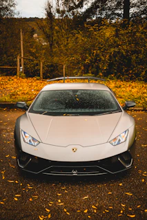 A sleek modern car parked on a winding road surrounded by autumn foliage