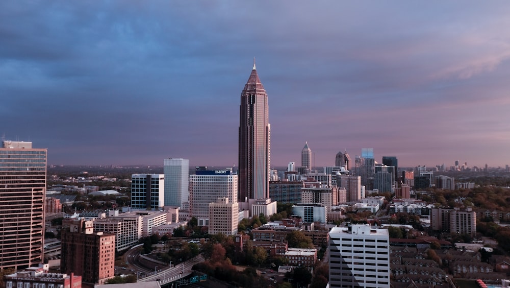 a view of a city with tall buildings