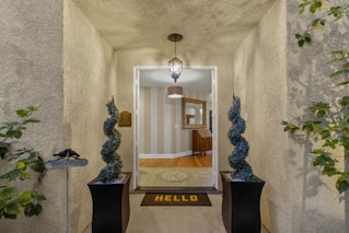 A welcoming concierge greeting guests at a stylish modern apartment entrance.