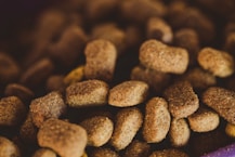 A close-up view of a pile of dry brown pet food, with irregularly shaped pieces in varying shades of brown.