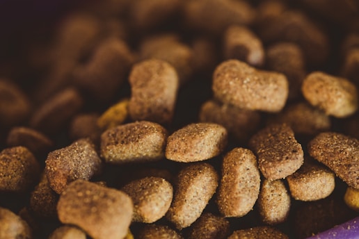A close-up view of a pile of dry brown pet food, with irregularly shaped pieces in varying shades of brown.