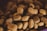 A close-up view of a pile of dry brown pet food, with irregularly shaped pieces in varying shades of brown.