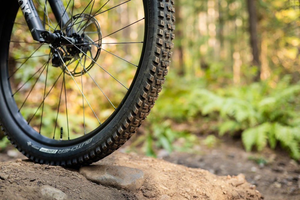 a close up of a bike tire on a rock