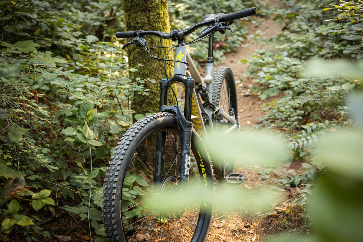 Bicicleta de montaña en sendero boscoso