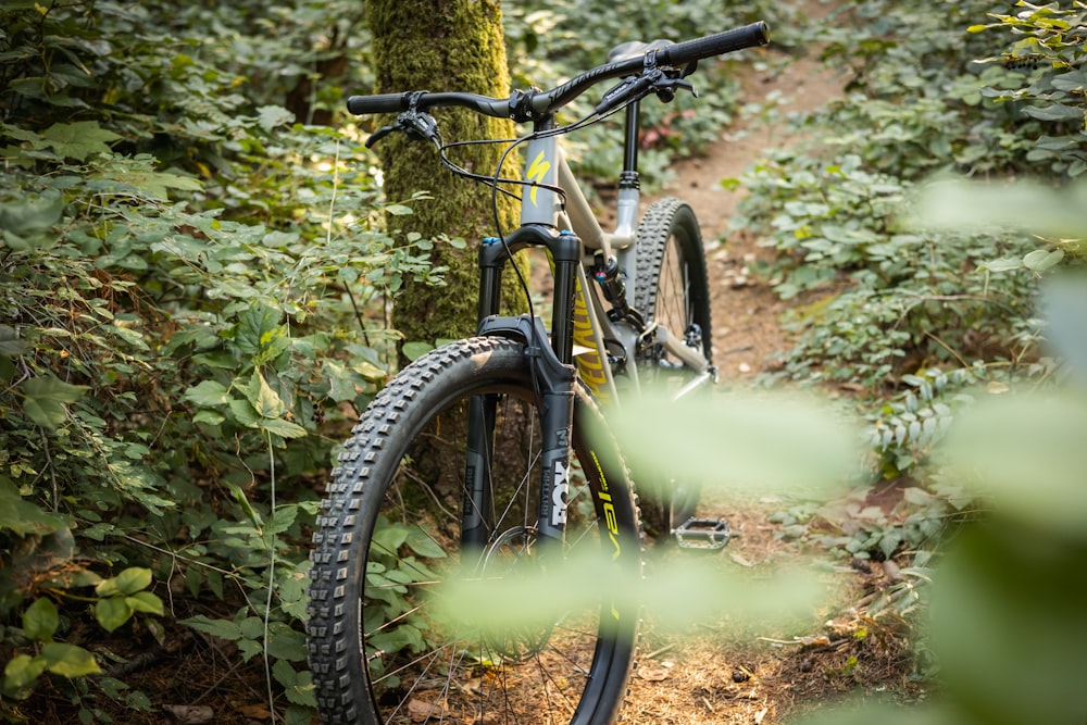 a mountain bike parked on a trail in the woods