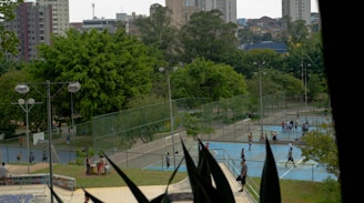 An outdoor recreational area in an urban setting featuring several sports courts and surrounded by lush green trees. People are engaged in various activities, including playing sports on the courts. In the background, there are tall buildings indicative of a cityscape.